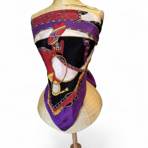 Vintage Oscar de la Renta Purple Red Gold Chain Print Silk Scarf 32" Square - Picture 1 of 11